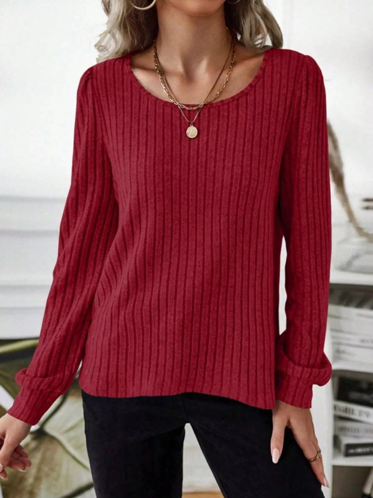 Ribbed Knit Long Sleeve T-shirt (9)