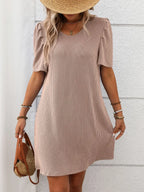 Textured Round Neck Short Sleeve Mini Dress