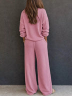 Waffle Knit Henley Top Wide Leg Pants Set (6)