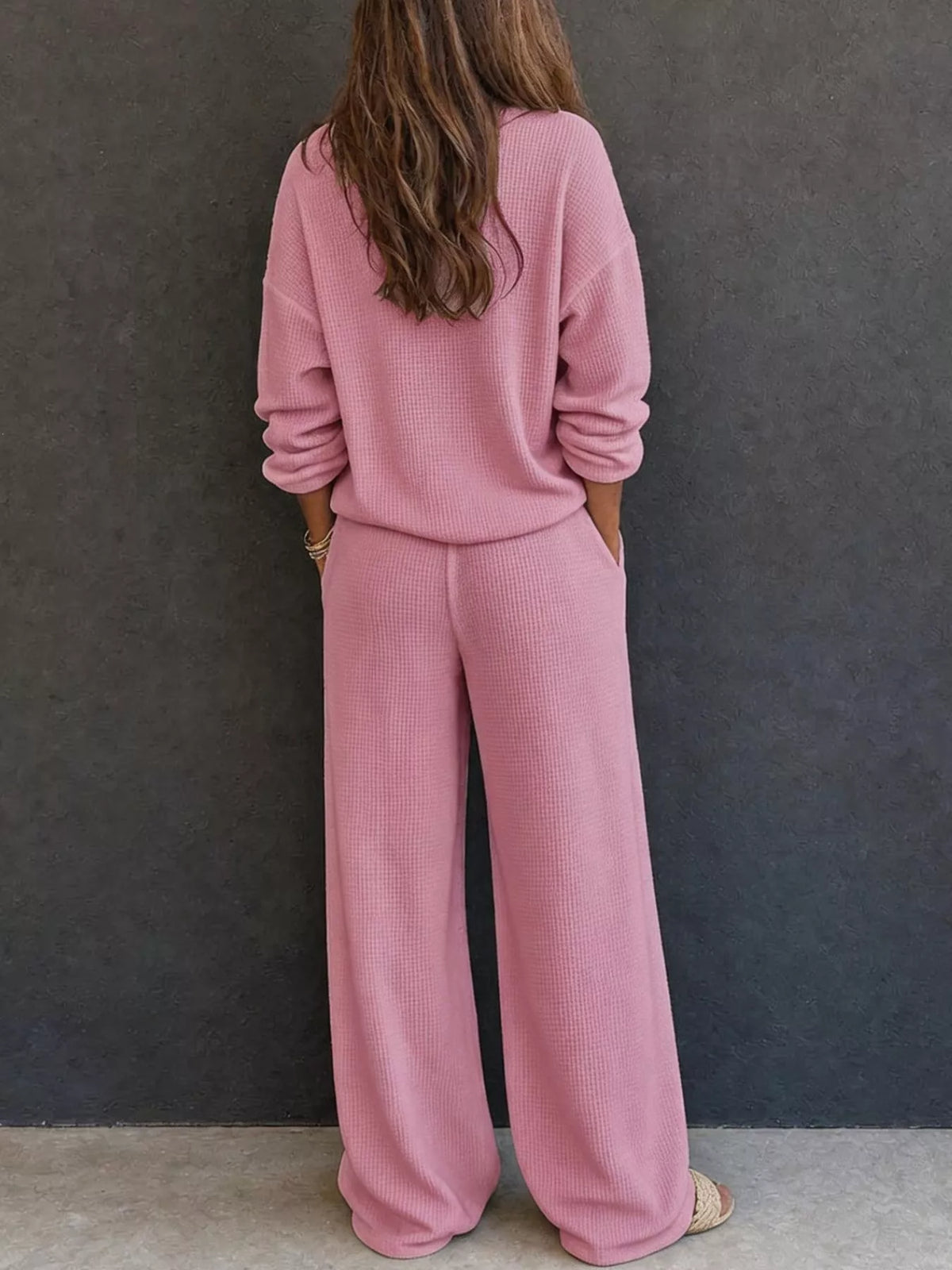 Waffle Knit Henley Top Wide Leg Pants Set (6)