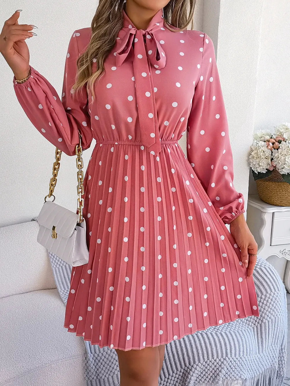 Polka Dot Tie Neck Pleated Dress (6)