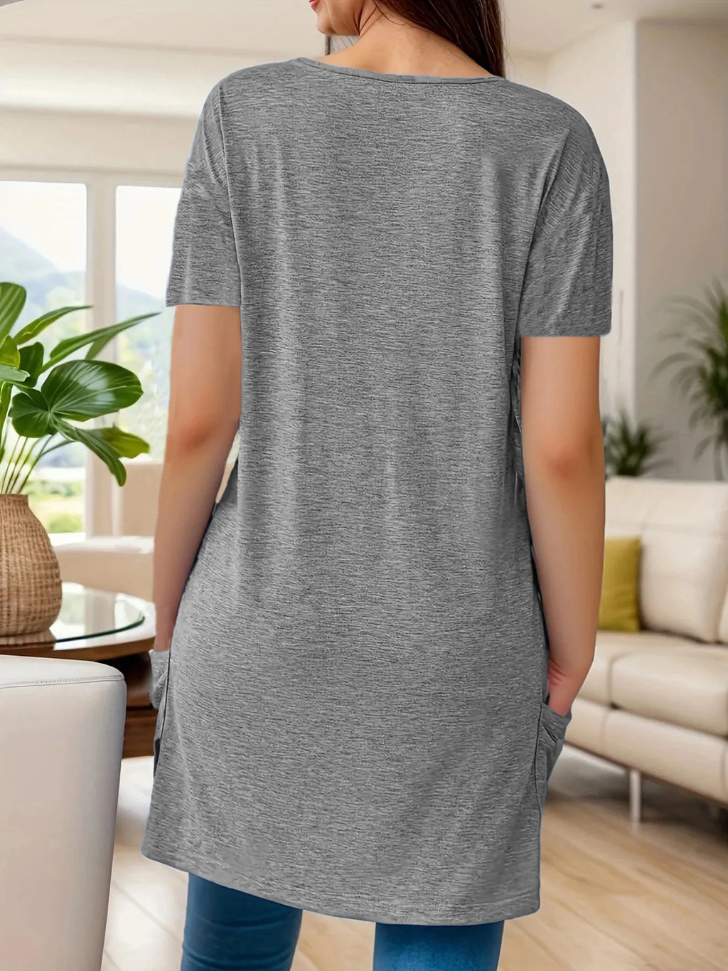 Full Size V-neck Pocket Front Asymmetric Hem T-shirt Plus (8)