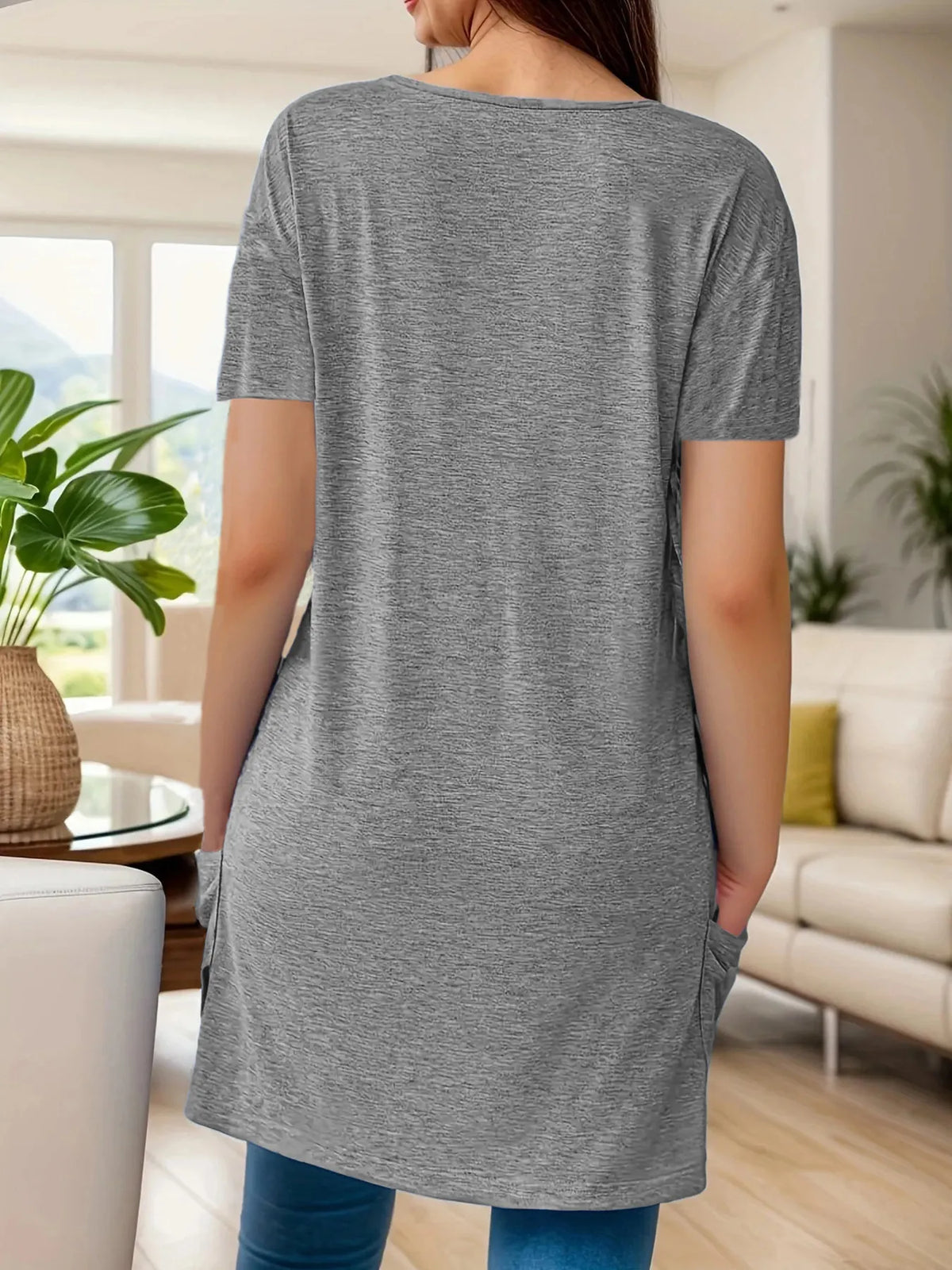 Full Size V-neck Pocket Front Asymmetric Hem T-shirt Plus (8)