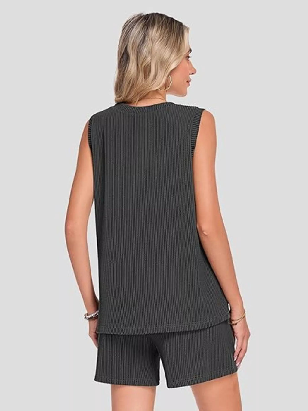 Casual Ribbed Knit Sleeveless Top Shorts Set (14)