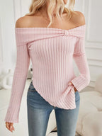 Off-shoulder Ribbed Knit T-shirt (7)