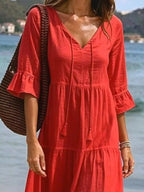 Full Size Tiered Tie Neck Flounce Sleeve Dress Plus (6)