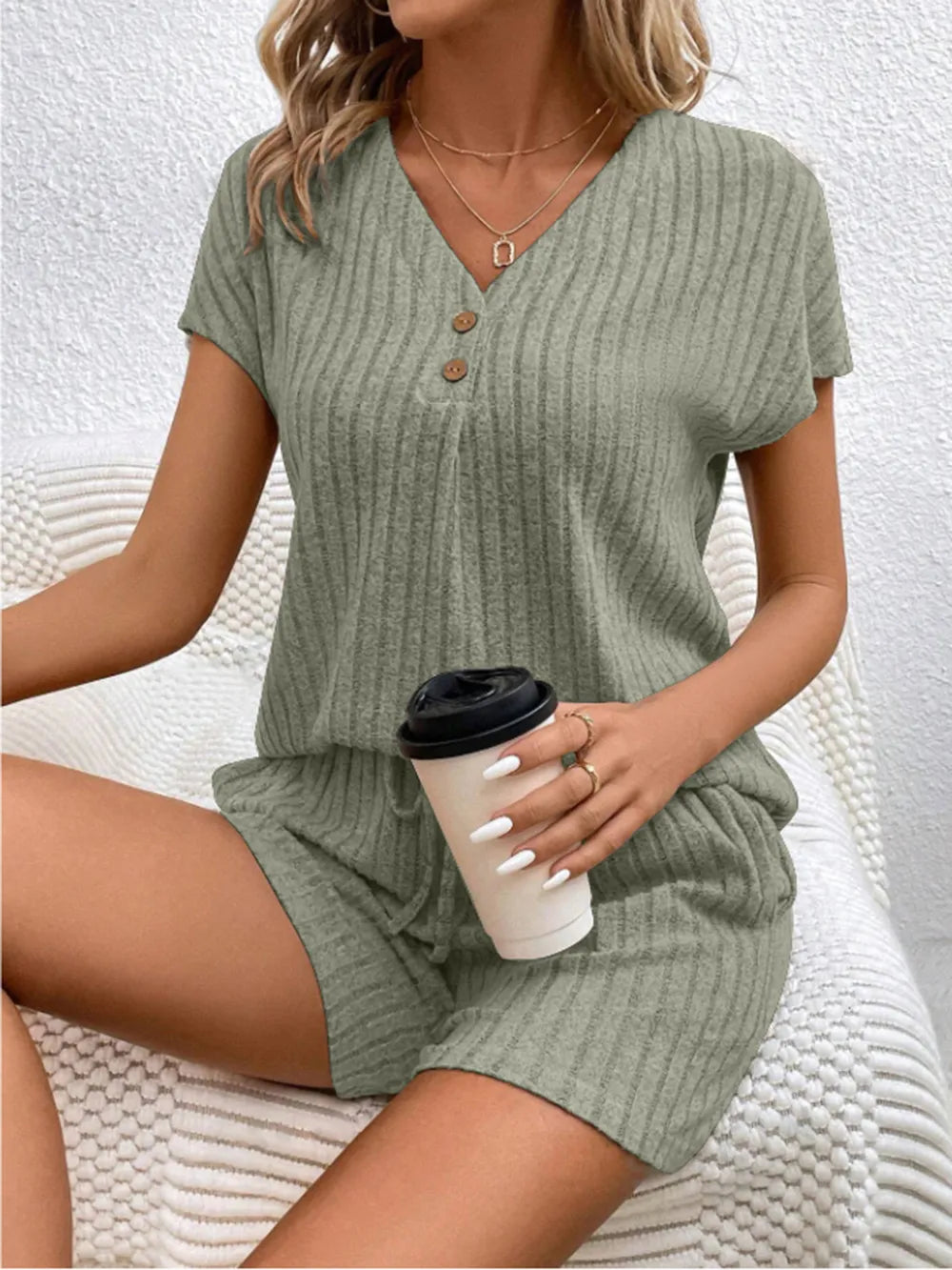 Ribbed V-neck Top Shorts Set (8)