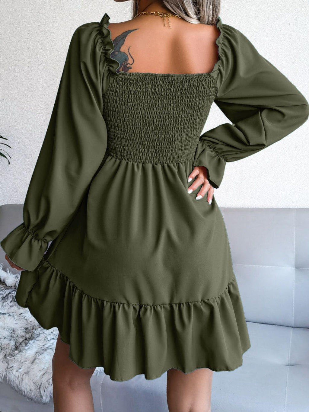 Smocked Flounce Sleeve Square Neck Dress (2)