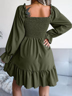 Smocked Flounce Sleeve Square Neck Dress (2)