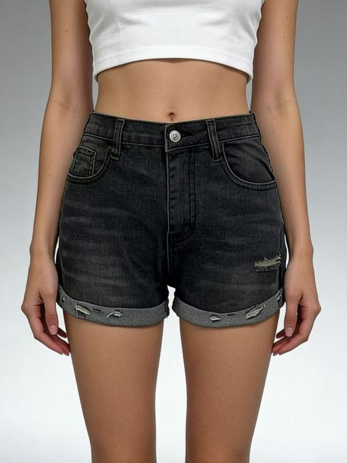 Distressed Denim Roll-up Shorts (2)