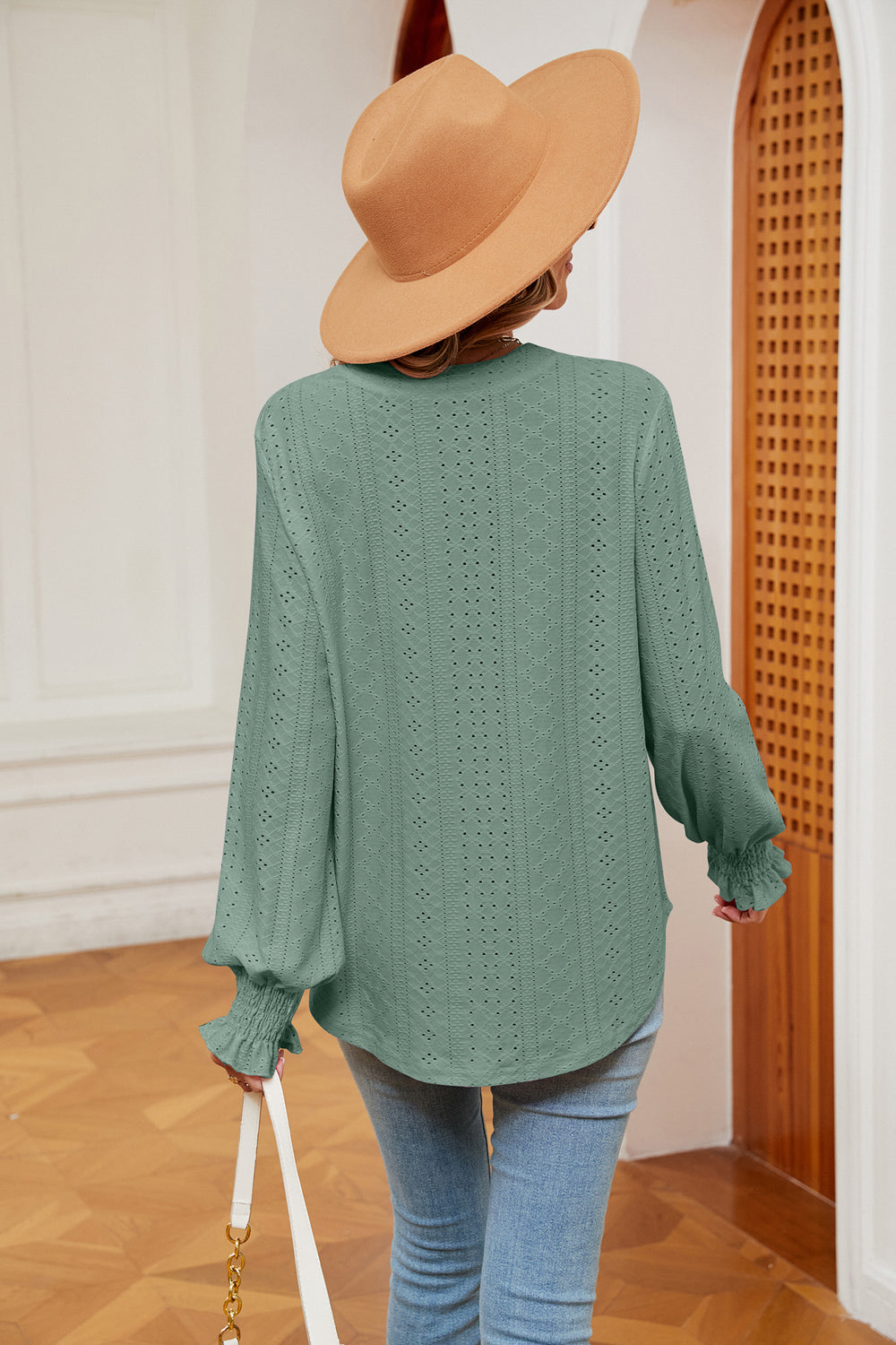 Notched Neck Flounce Sleeve Blouse (22)