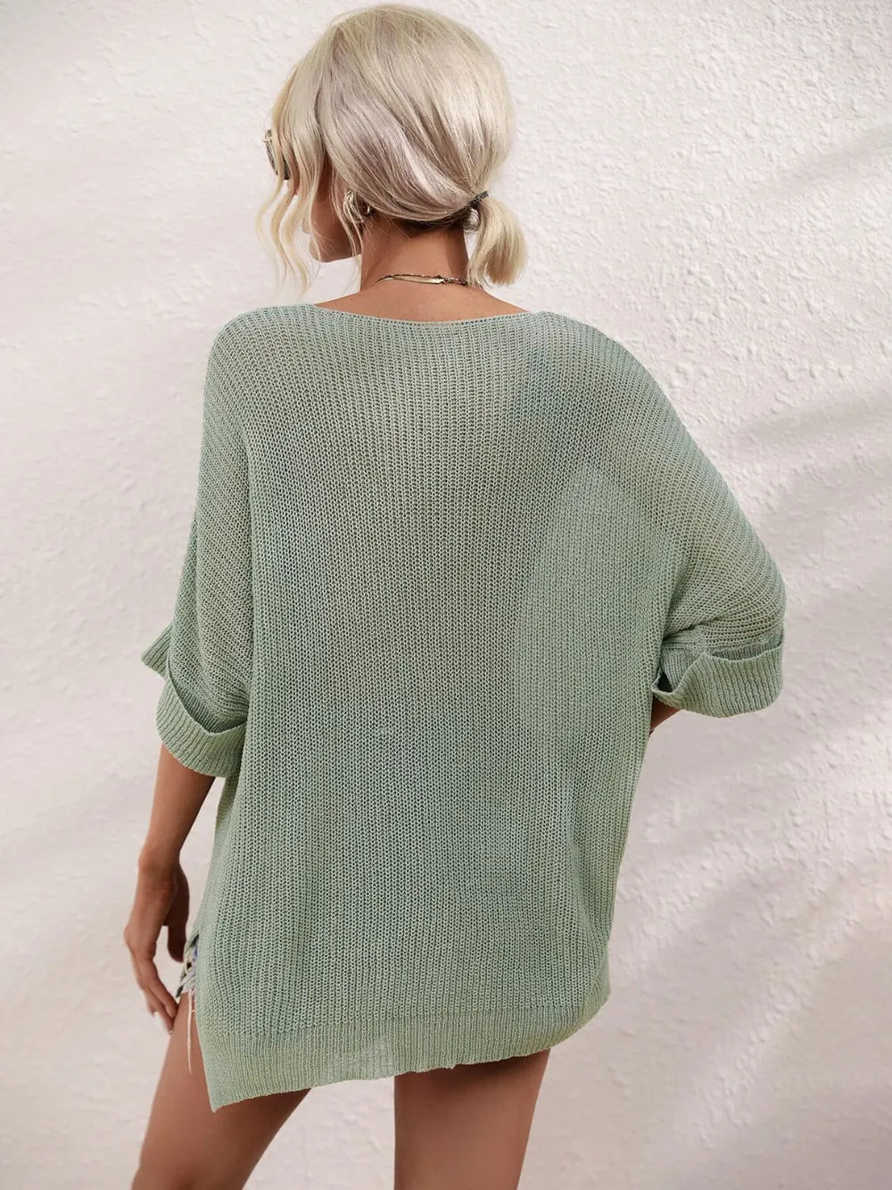 Boat Neck Cuffed Sleeve Slit Tunic Knit Top (2)