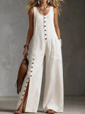 Full Size Sleeveless Button Front Wide Leg Jumpsuit Plus