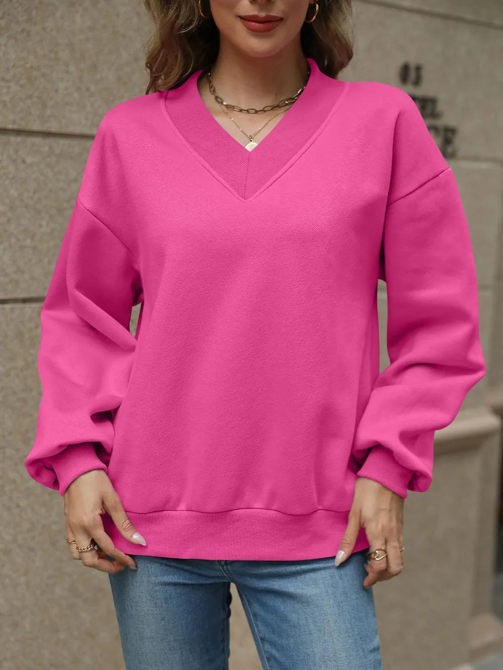 V-neck Long Sleeve Dropped Shoulder Sweatshirt (2)