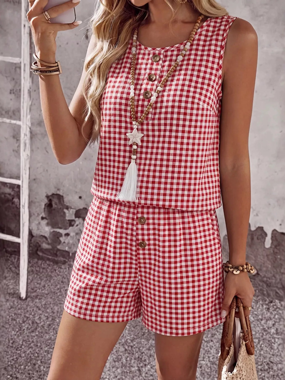 Gingham Sleeveless Top Shorts Set (15)