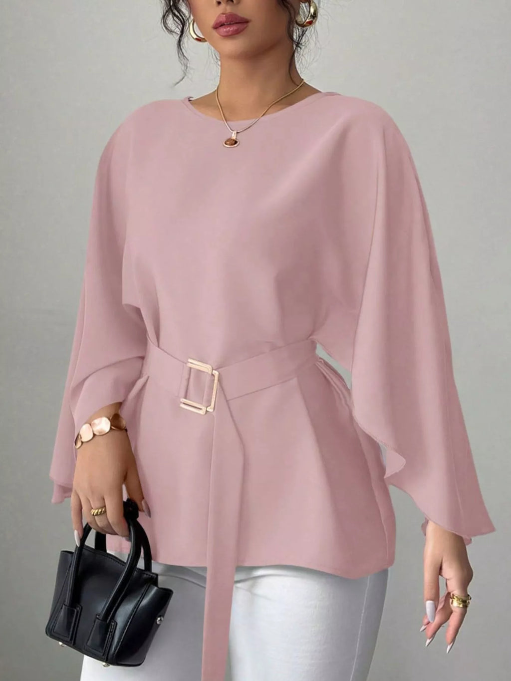 Round Neck Belt Batwing Sleeve Blouse (7)