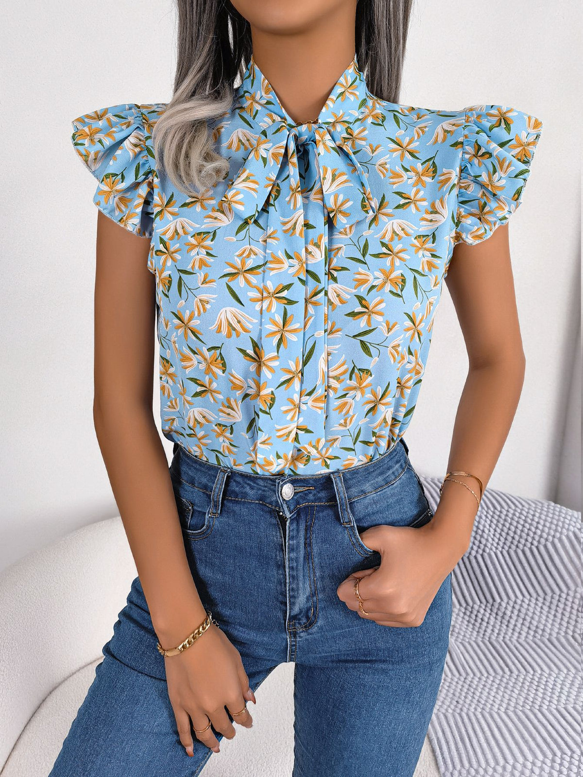 Floral Tie Neck Flutter Sleeve Blouse (8)