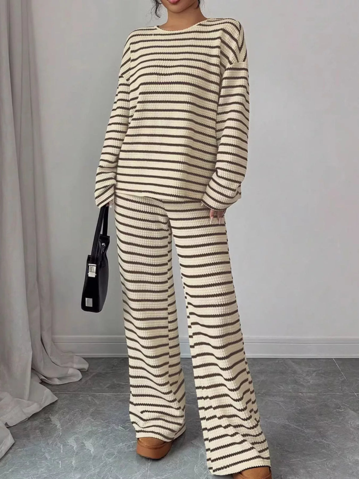 Striped Knit Dropped Shoulder Top Pants Set (10)
