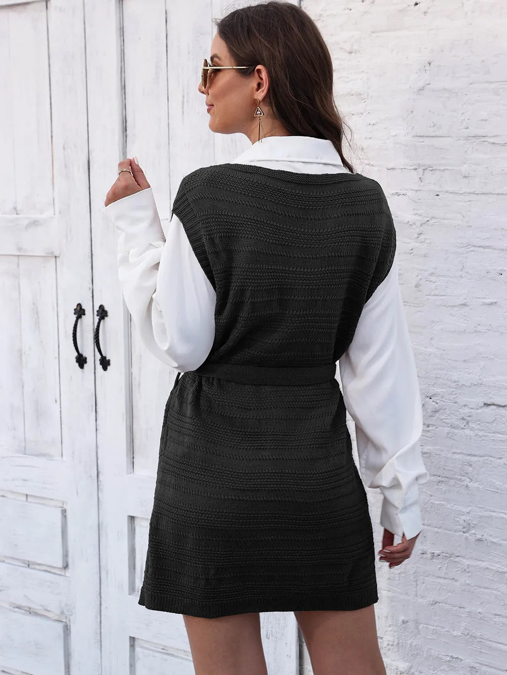Tie Front V-neck Sleeveless Slit Sweater Dress (7)