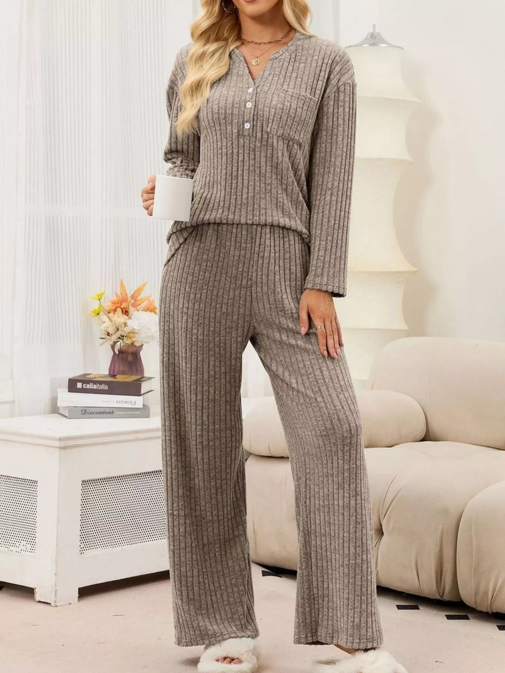Ribbed Knit Top Wide-leg Pants Set (14)
