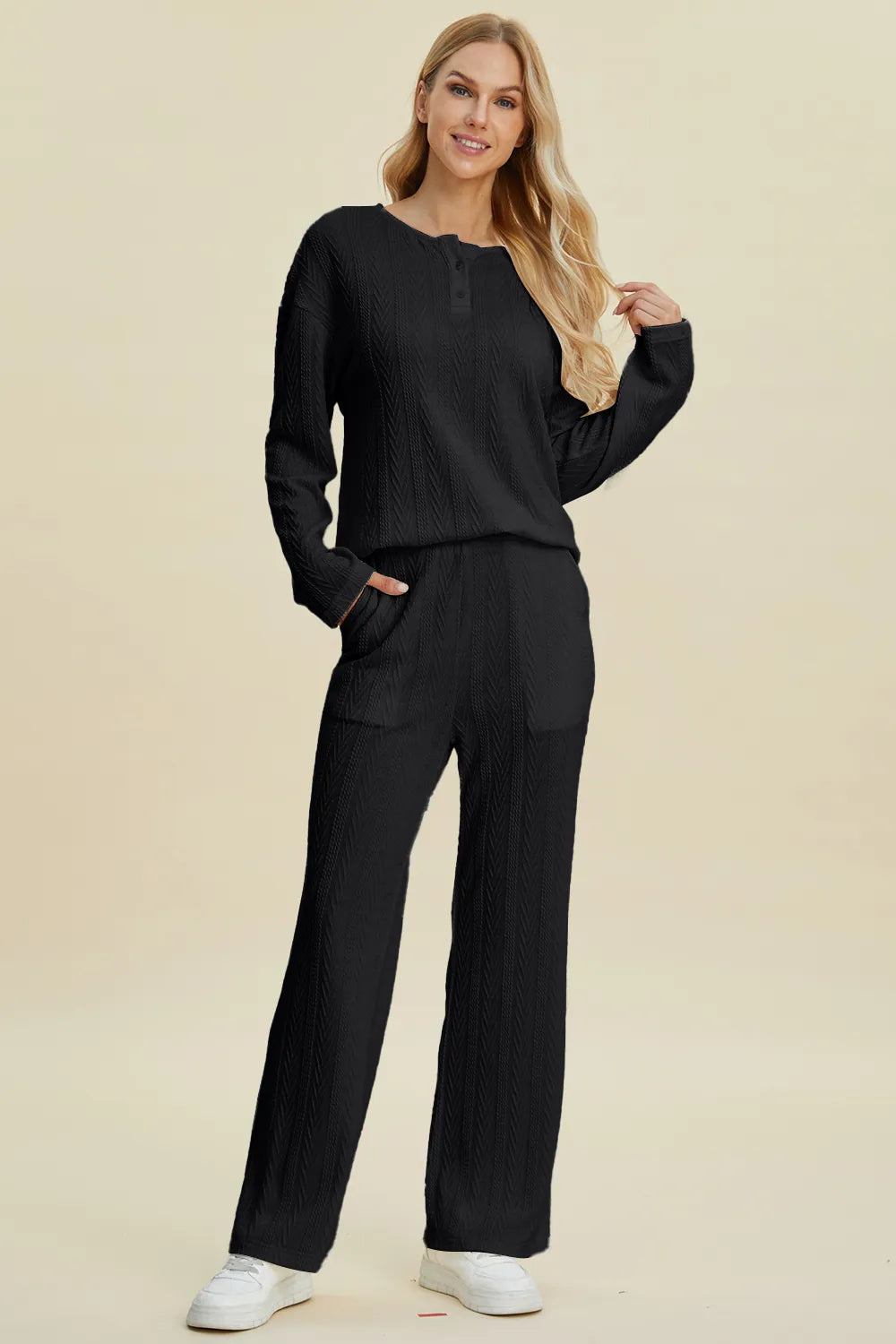 Full Size Cable-knit Long Sleeve Top Pants Set
