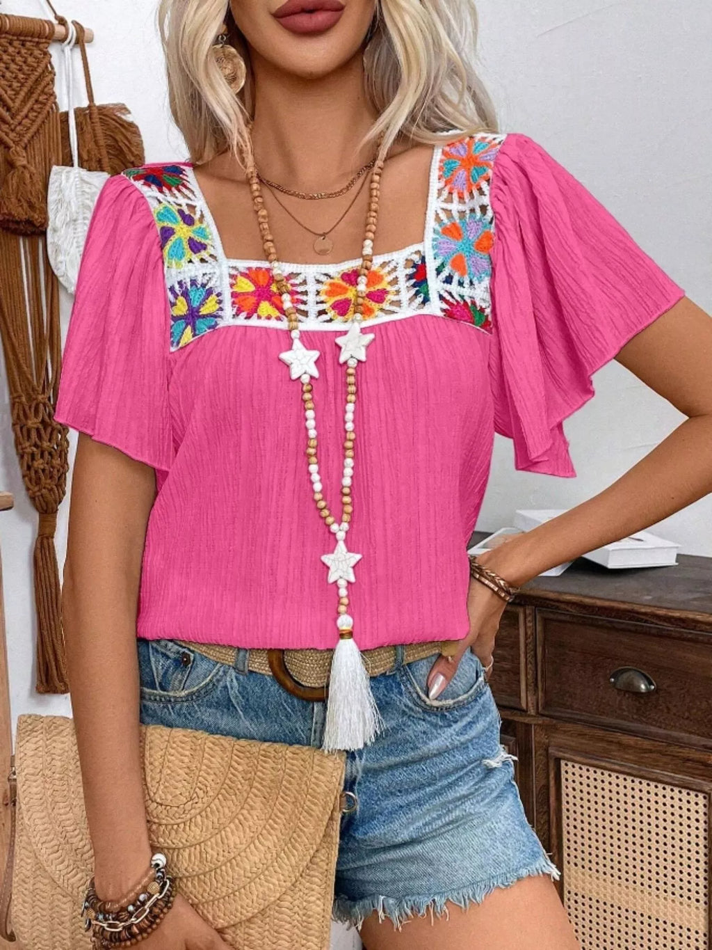 Embroidered Square Neck Flutter Sleeve Blouse (20)