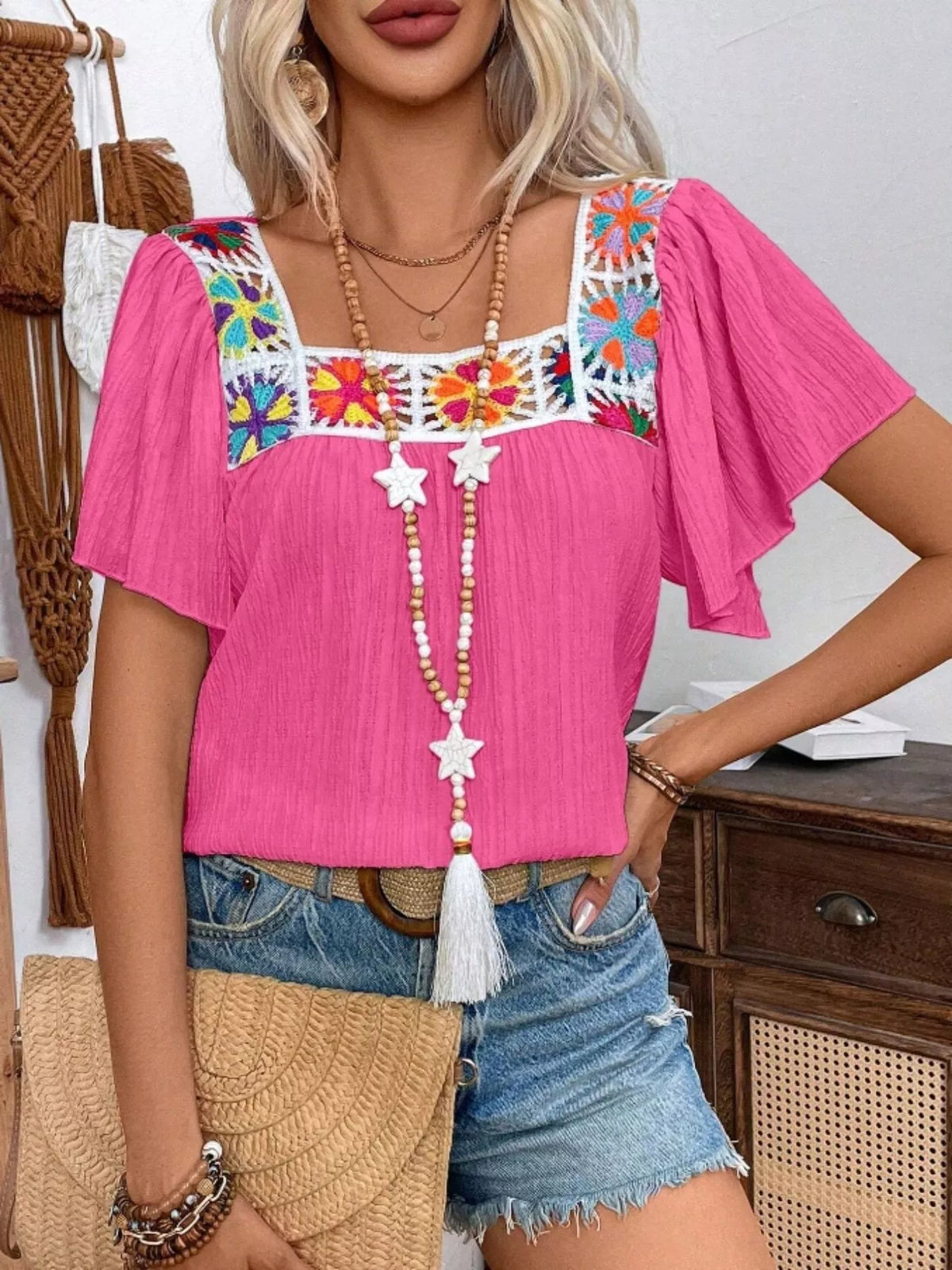 Embroidered Square Neck Flutter Sleeve Blouse (20)