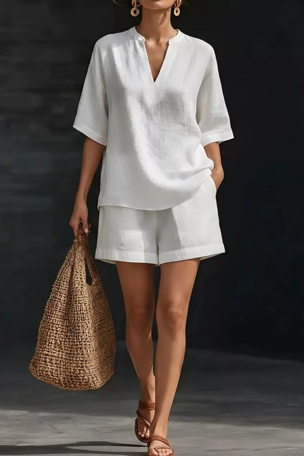 Notched Half Sleeve Top Shorts Set (4)