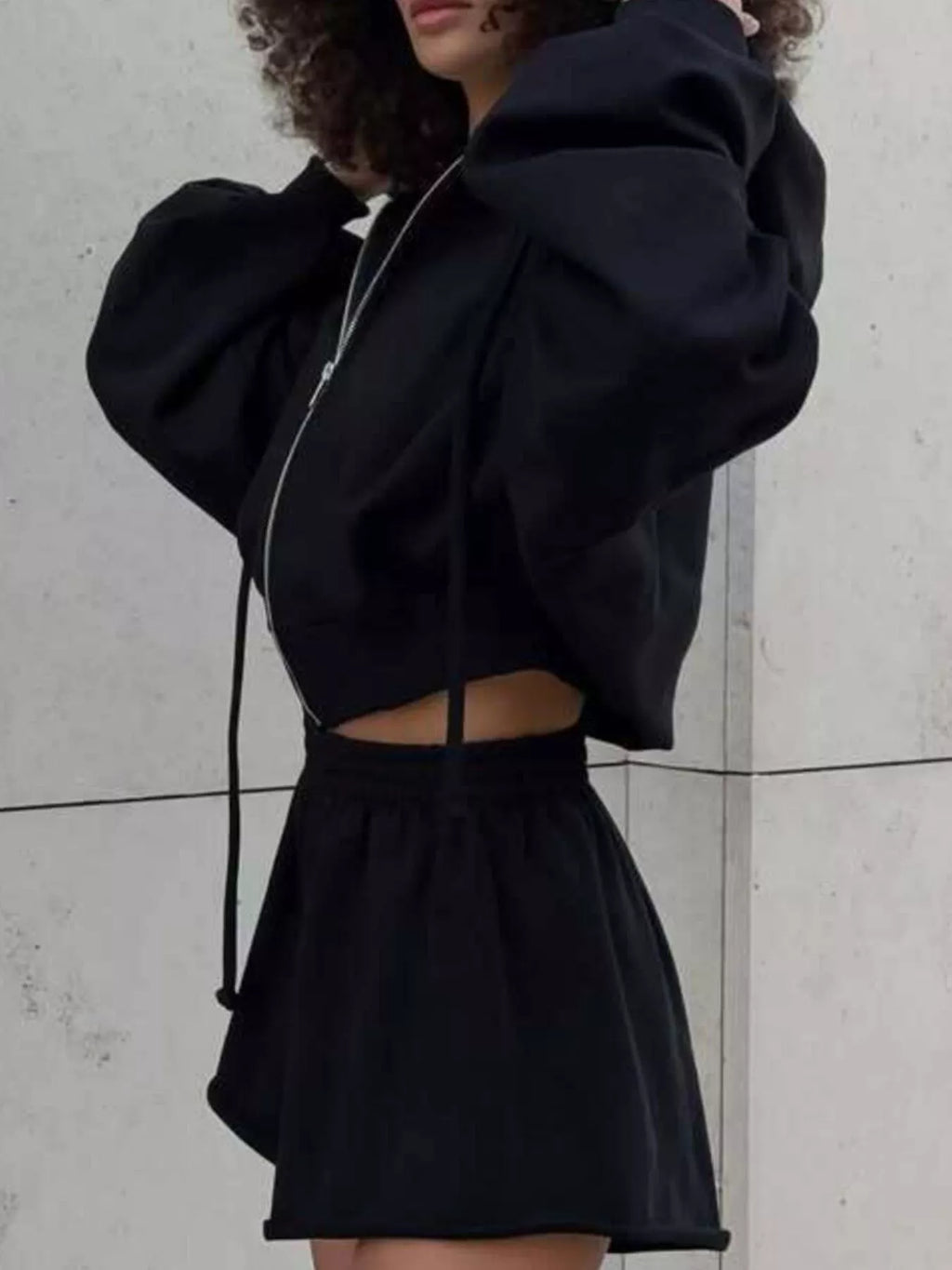 Zip Up Long Sleeve Outerwear Shorts Set (17)
