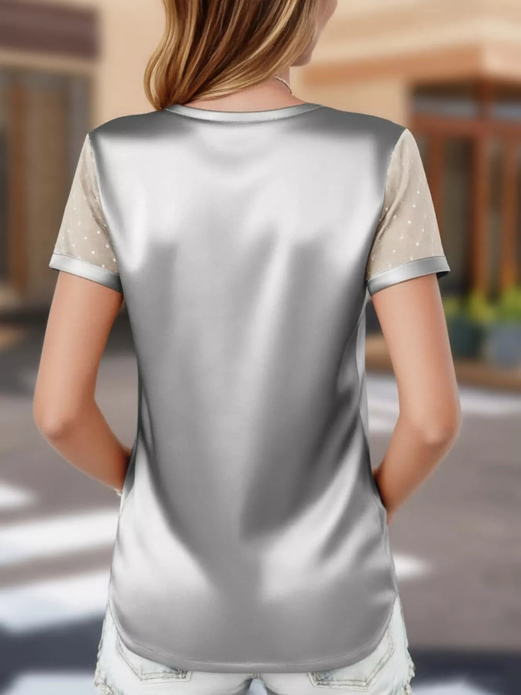 Satin V-neck Sheer Short Sleeve Top (4)