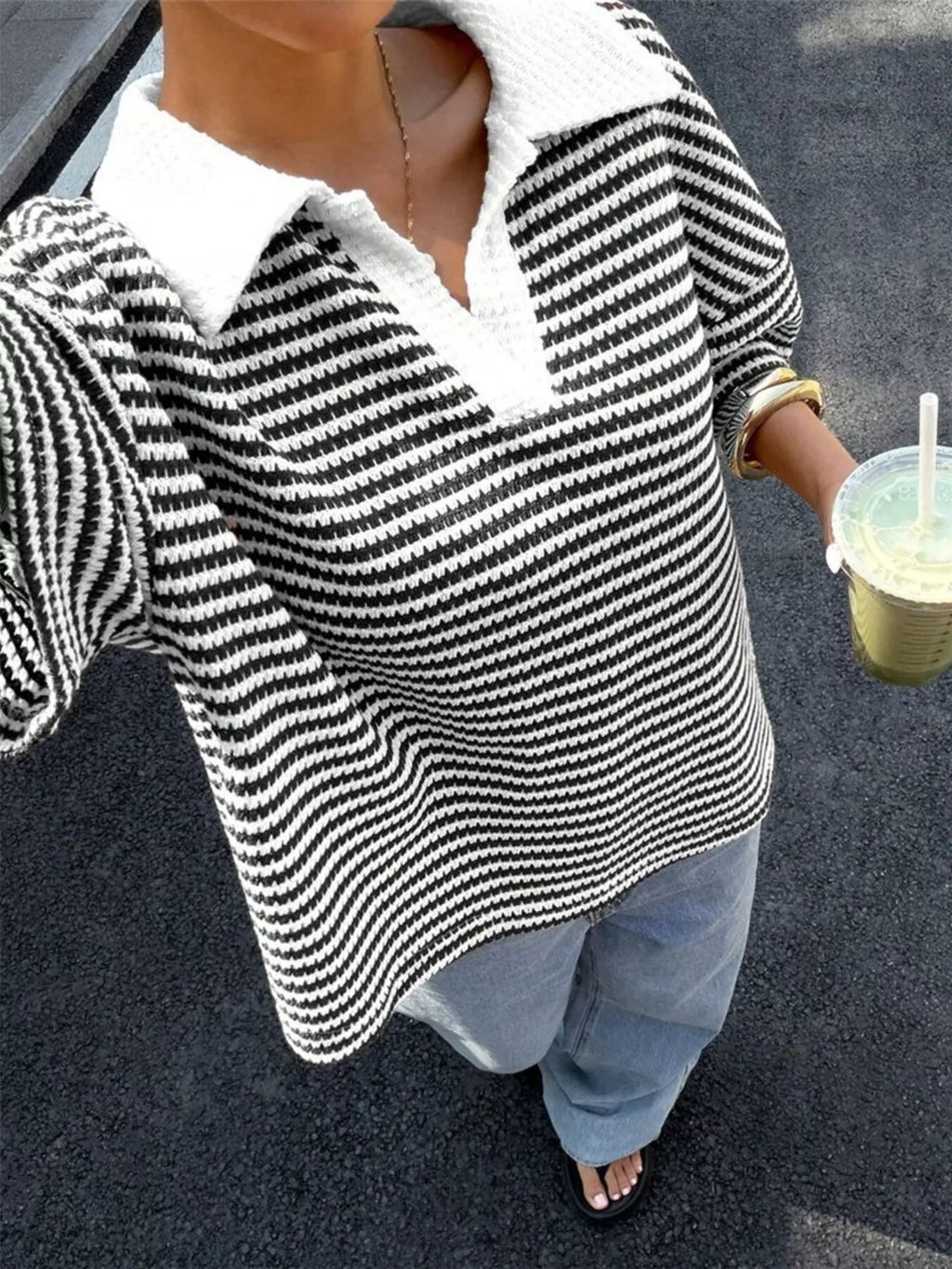 Striped Knit 3/4 Sleeve Polo Top (7)