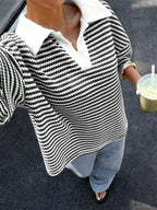 Striped Knit 3/4 Sleeve Polo Top (7)