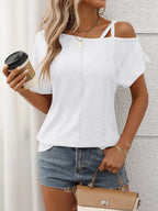 Eyelet Asymmetrical Shoulder Short Sleeve T-shirt (7)
