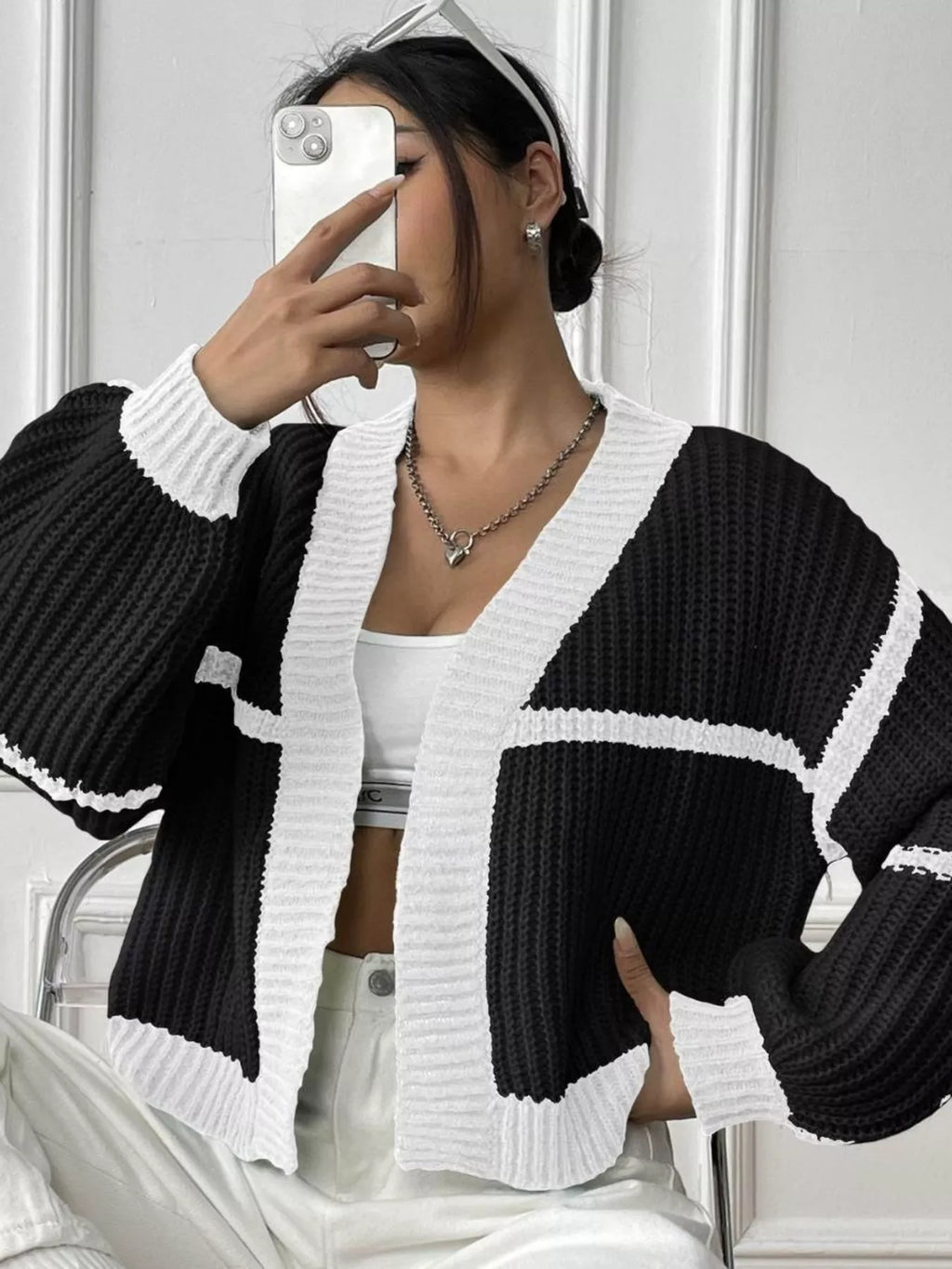 Color-block Ribbed Knit Open-front Cropped Cardigan (17)