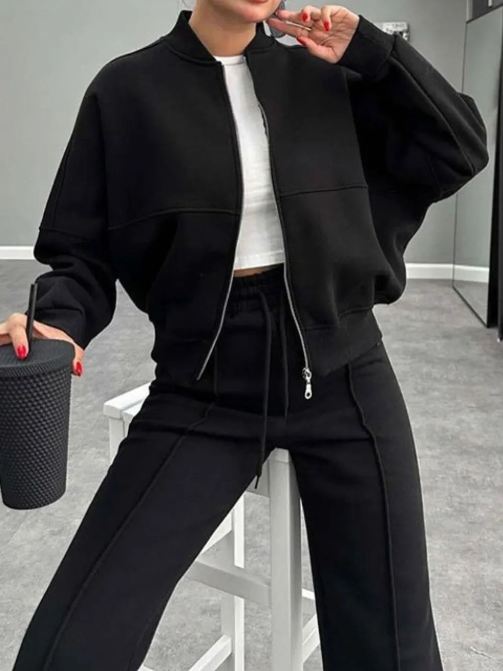 Baseball Collar Zip Up Outerwear Drawstring Pants Set (16)