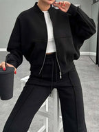 Baseball Collar Zip Up Outerwear Drawstring Pants Set (16)