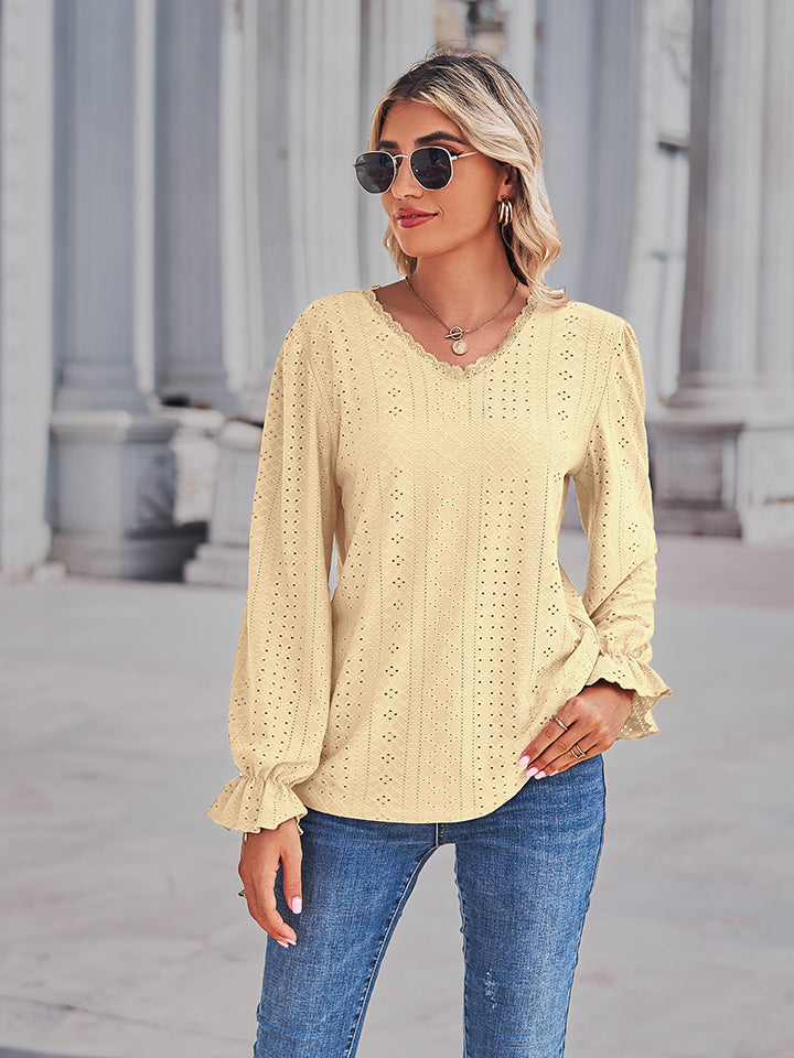 Eyelet V-neck Flounce Sleeve Blouse