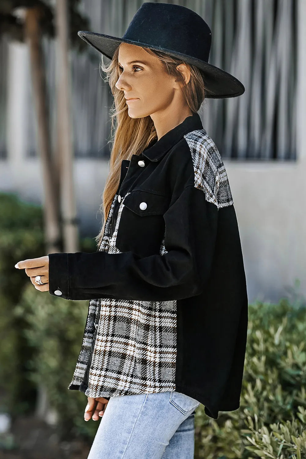 Plaid Pocketed Button Up Denim Jacket (3)