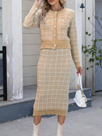 Plaid Knit Cardigan Midi Skirt Sweater Set (13)