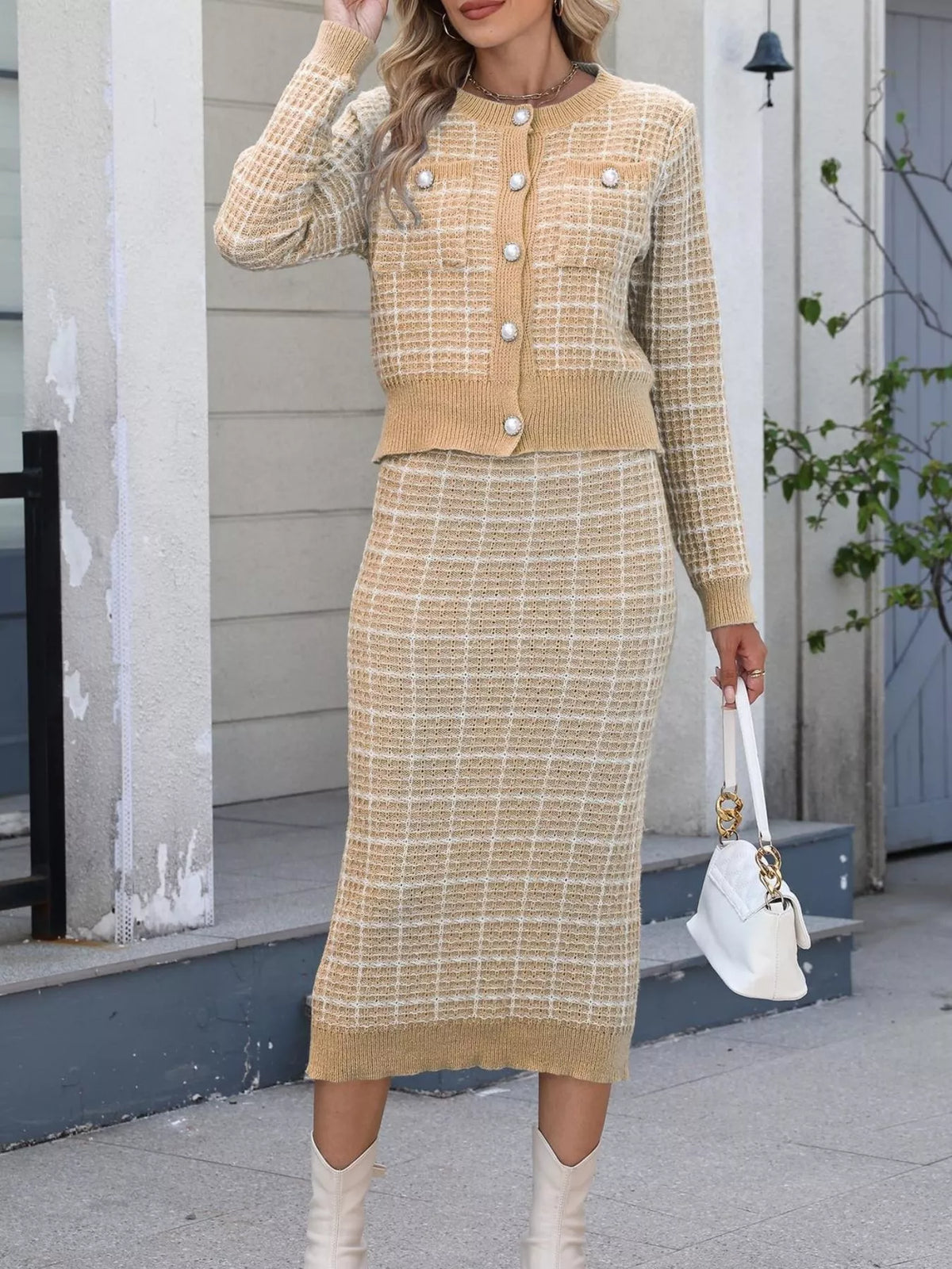 Plaid Knit Cardigan Midi Skirt Sweater Set (13)