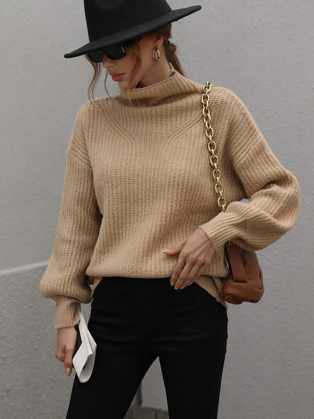 High Neck Balloon Sleeve Rib-knit Pullover Sweater (10)