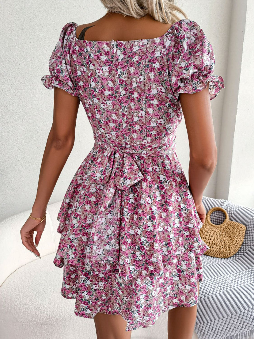 Floral Sweetheart Neck Flounce Sleeve Mini Dress (2)