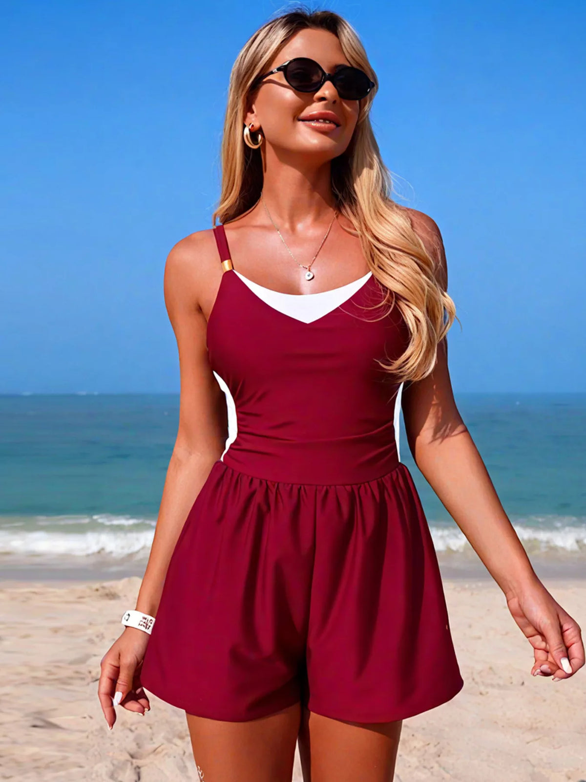 Block Adjustable Strap One-piece Swimsuit (16)