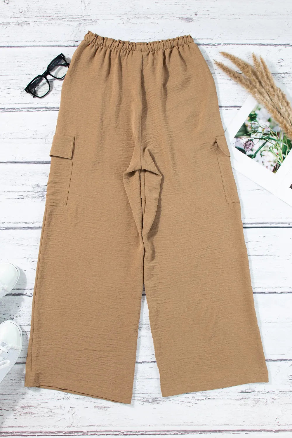 Drawstring Frilled Waist Wide Leg Utility Trousers (6)