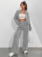 Casual Solid Color Zipper Jacket Wide Leg Pants Set (23)