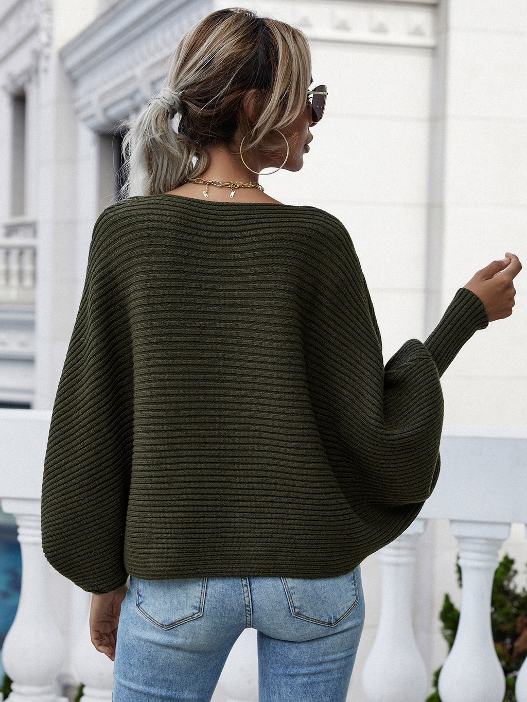 Horizontal Ribbing Dolman Sleeve Sweater (8)