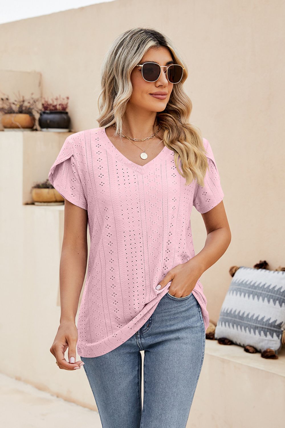 Eyelet Petal Sleeve V-neck Knit Top