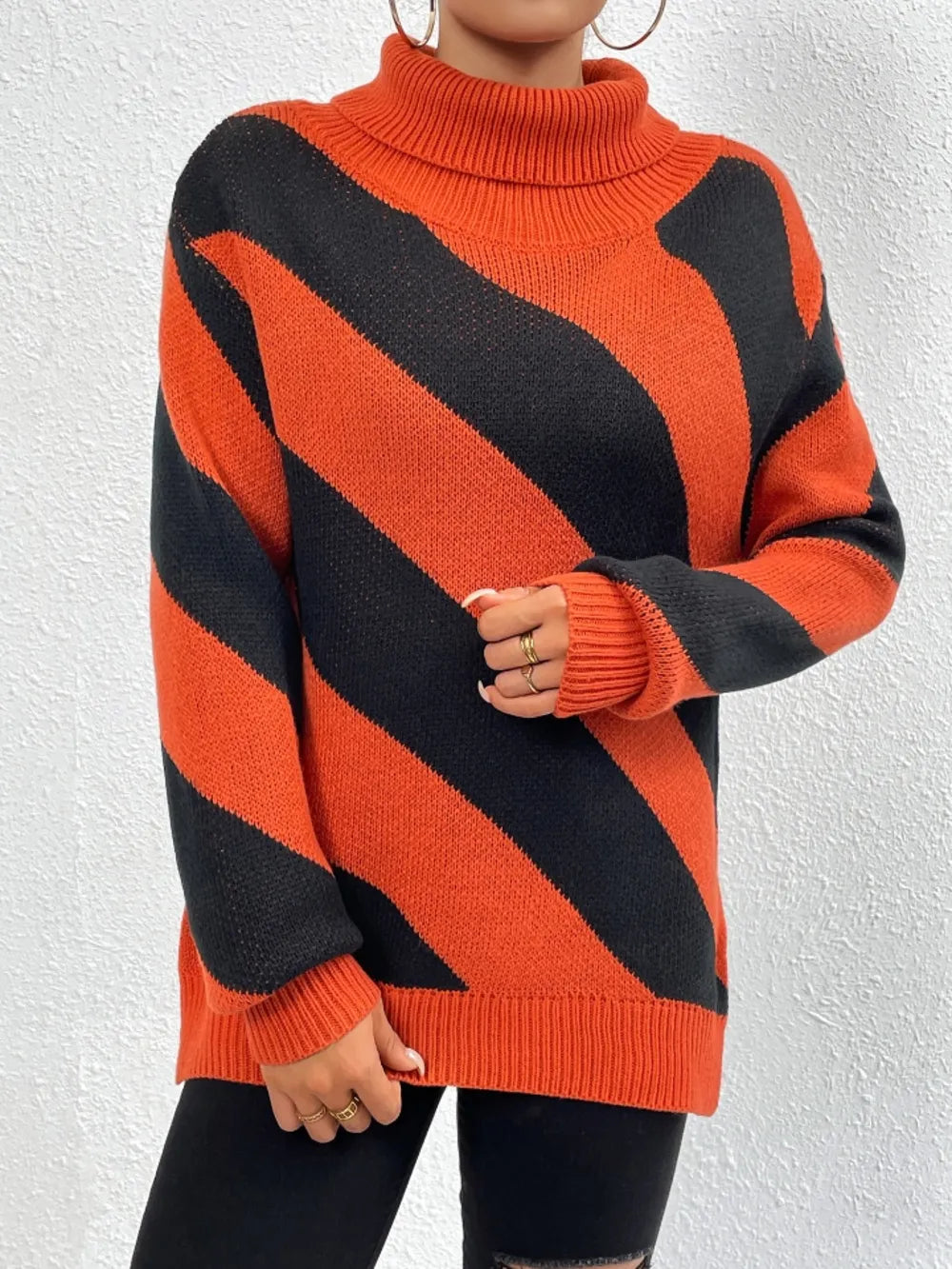 Striped Turtleneck Dropped Shoulder Sweater (3)