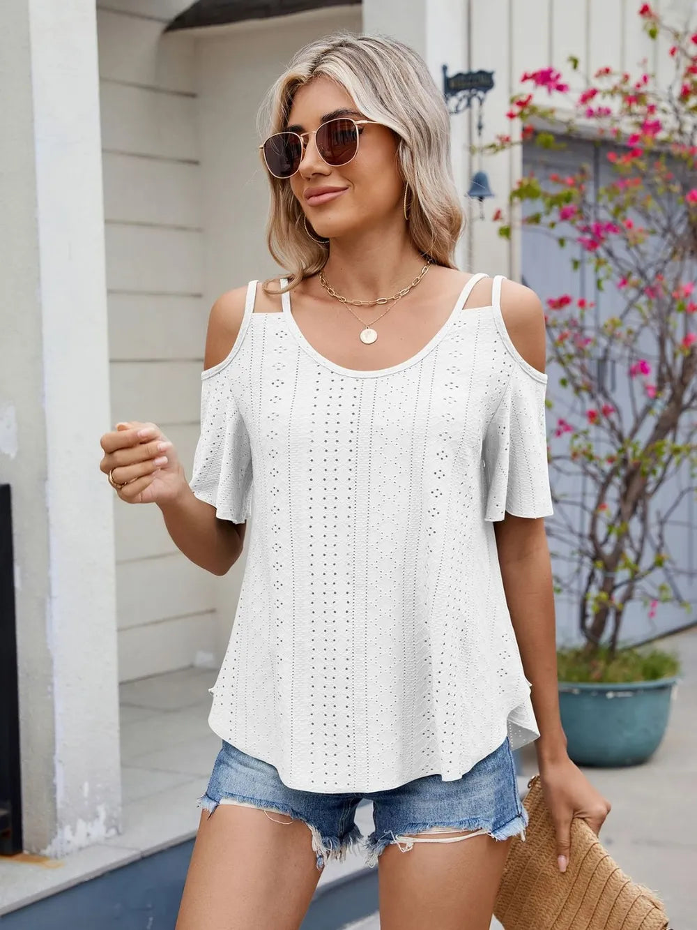 Round Neck Cold Shoulder Eyelet T-shirt (13)