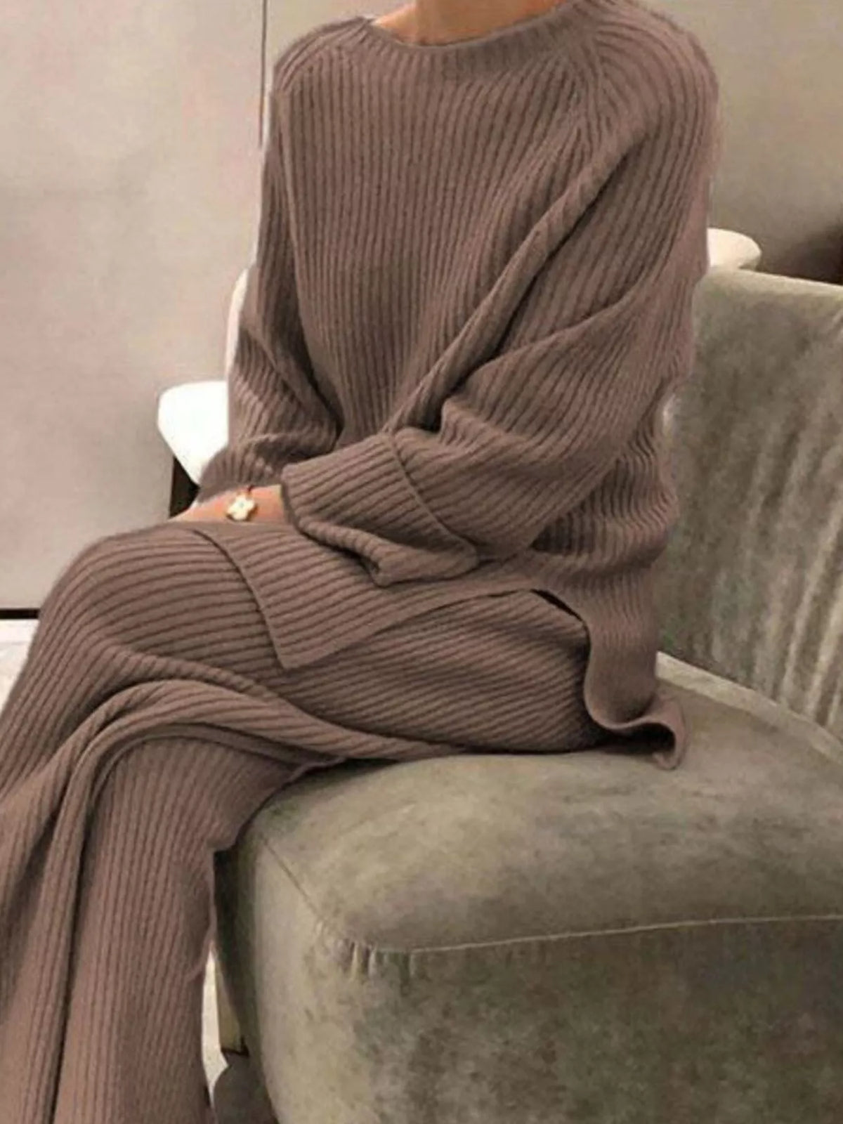 Full Size Ribbed Knit Relaxed Fit Top Pants Sweater Set Plus (17)